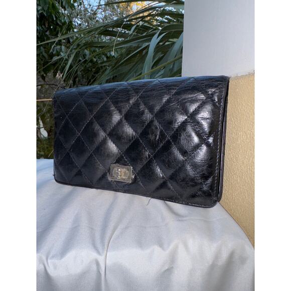 🍒 CHANEL 2.55 Line Matelasse Long Wallet Black Leather Quilted France w/Dustbag - Picture 5 of 13